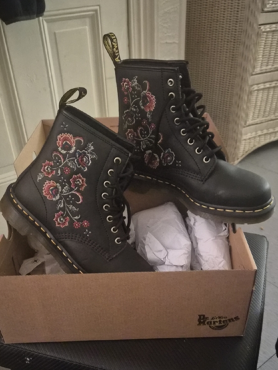 Dr. Martens Shoes - Dr. Martens Black Leather Lace-Up Boots with Pink & Red Floral Embroidery